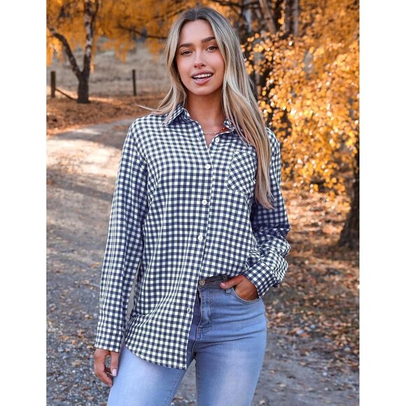 Women Flannel Button Down Shirts Buffalo Shackets Business Casual Blouses - Picture 2 of 4